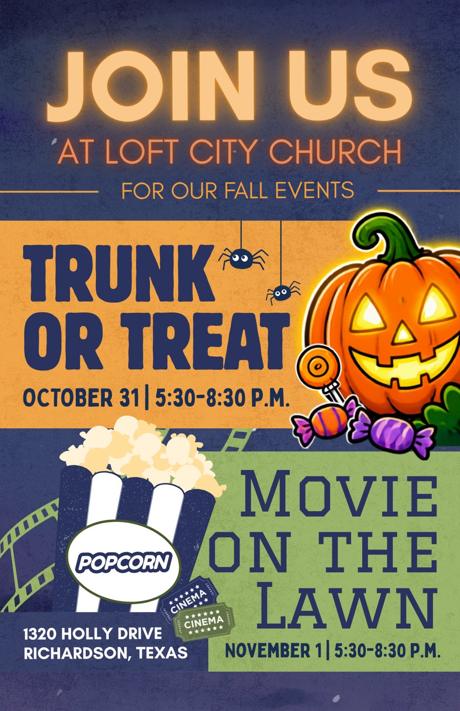 Light Up the Night flyer: Trunk or Treat October 31 and Movie on the Lawn November 1 at LOFT City Church